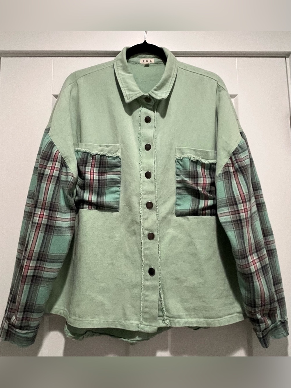 POL Mixed Media Plaid Distressed Jacket 100% Cotton Flannel Mint Green Medium